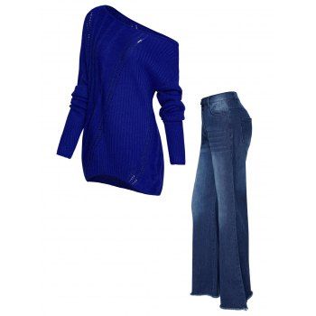 

Skew Collar Twisted Cable Knit Hollow Out Drop Shoulder Sweater And Frayed Hem Flare Jeans Casual Outfit, Deep blue