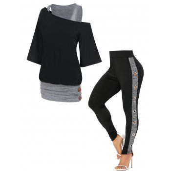 

Colorblock Skew Collar Ruched Long Faux Twinset T Shirt And Space Dye Insert Grommet Leggings Casual Outfit, Black