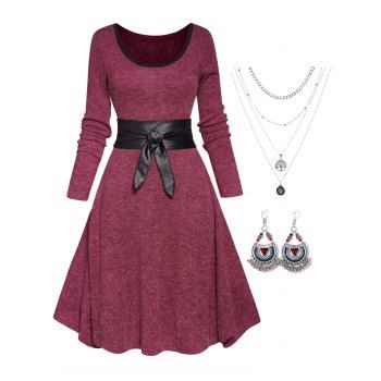 

Contrasting Belted Scoop Neck A Line Knit Dress And Tree Layered Chain Necklace Geometric Earrings Casual Outfit, Deep red