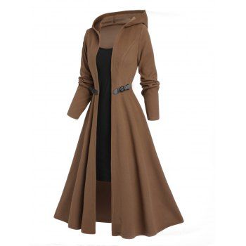 

Plain Color Shift Dress And Bucket Longline Full Sleeve Hooded Top Colorblock Set, Deep coffee