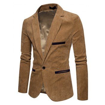 

Contrast Textured Suit Mock Pocket Turn Down Collar Padded Shoulder Solid Color Long Sleeve Blazer, Coffee