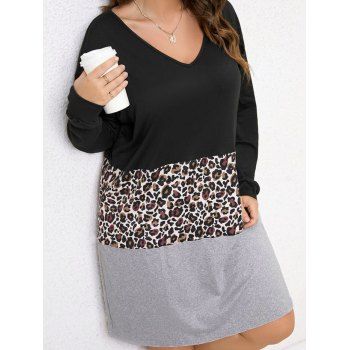 

Plus Size Colorblock Leopard Print Mini Dress Long Sleeve V Neck Curve Dress, Multicolor a