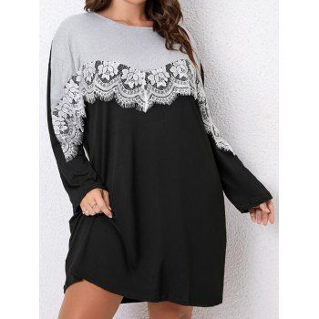 

Plus Size Colorblock Drop Shoulder Tee Dress Flower Lace Frilled Long Sleeve T Shirt Dress, Multicolor a