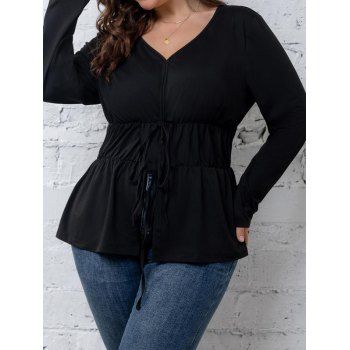 

Plus Size Lace Up Long Sleeve Top Plain Color High Waist Curve Top, Black