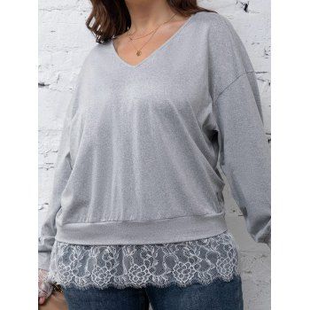 

Plus Size Drop Shoulder Long Sleeve Sweatshirt Sheer Floral Lace Panel V Neck Curve Sweatshirt, Gray