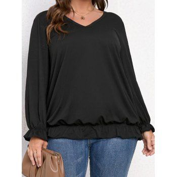 

Plus Size Plain Color Long Sleeve V Neck Tee Bowknot Tie Ruffles Curve T Shirt, Black