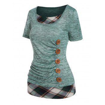 

Space Dye Plaid Print Panel T Shirt Mock Button Short Sleeve Casual Tee, Light green