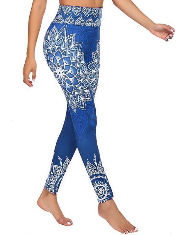 Legging Moulant Long à Imprimé Fleur à Taille Haute Elastique - Bleu profond XL