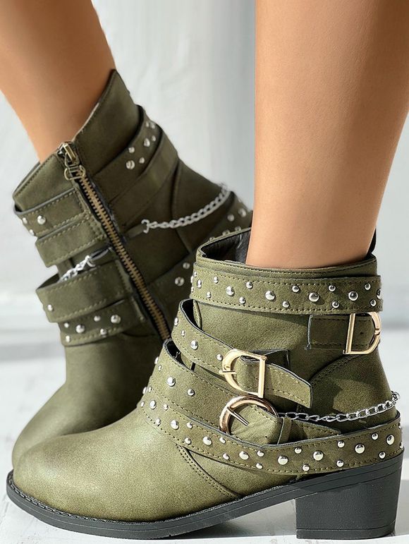 Rivet Buckle Strap Zip Up Chunky Heel Punk Boots - Vert EU 42