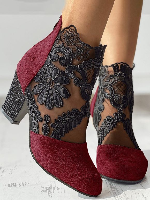 Flower Leaf Embroidery See Thru Mesh Chunky Heel Zip Up Boots - Rouge EU 42