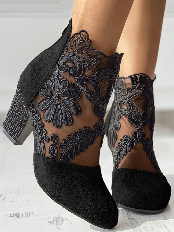 Flower Leaf Embroidery See Thru Mesh Chunky Heel Zip Up Boots - Noir EU 39