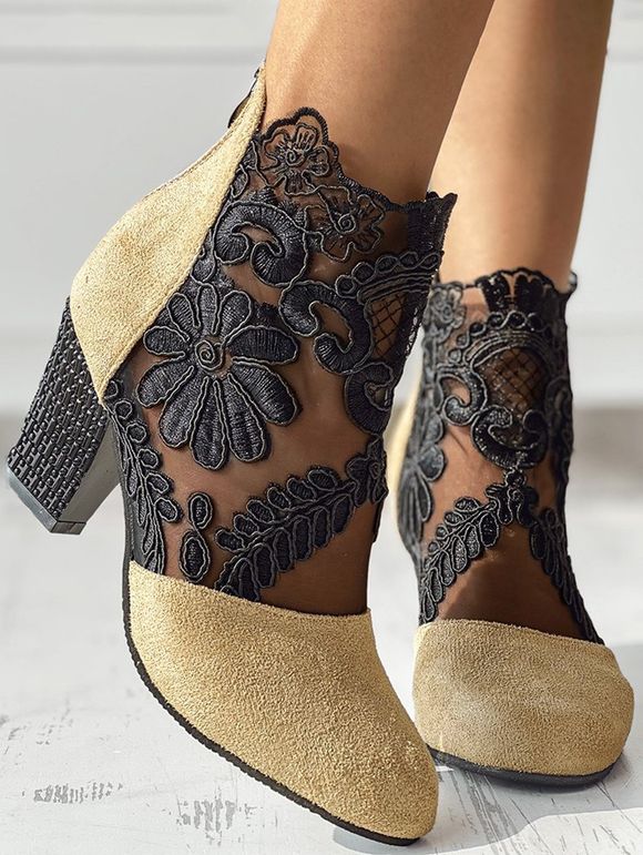 Flower Leaf Embroidery See Thru Mesh Chunky Heel Zip Up Boots - café lumière EU 37