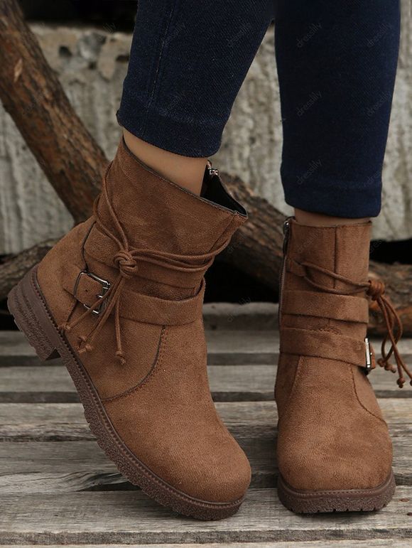 Zip Up Buckle Strap Lace Up Ankle Boots - café EU 37