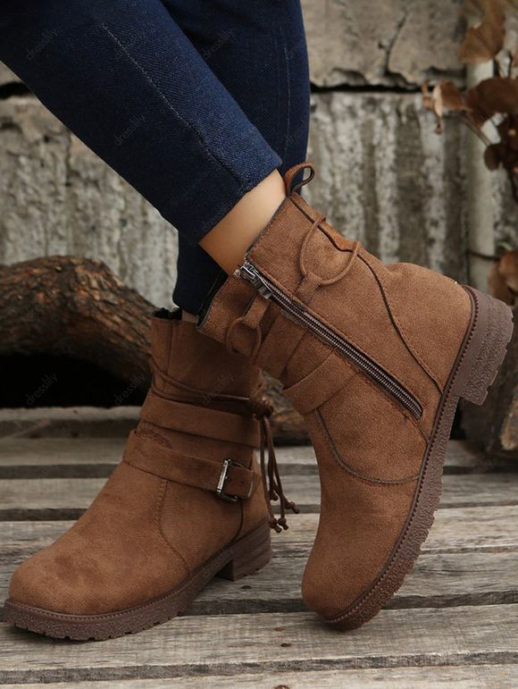 Zip Up Buckle Strap Lace Up Ankle Boots - café EU 37