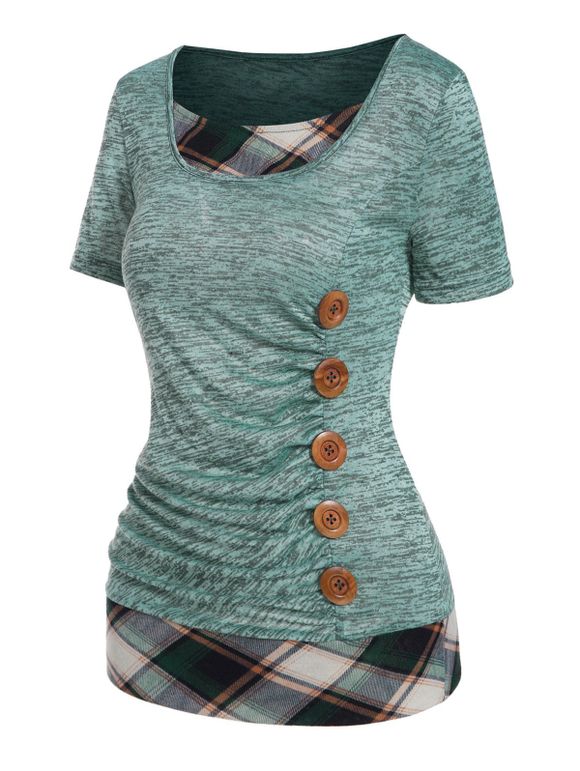 Space Dye Plaid Print Panel T Shirt Mock Button Short Sleeve Casual Tee - LIGHT GREEN XXL