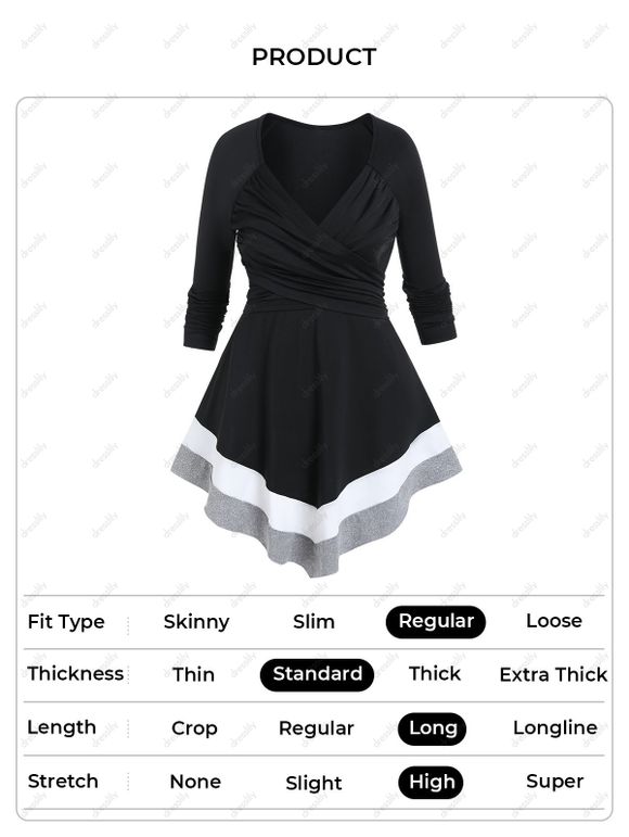 T-shirt Décontracté Croisé Rayé Imprimé en Blocs de Couleurs à Manches Longues - Noir XXXL