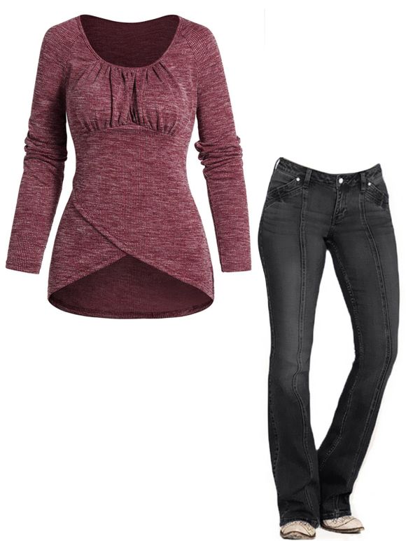 Ensemble de T-shirt à Bretelles à Manches Raglan et Dentelle Devant Croisé et Jean Evasé Surpiqûres - multicolor S