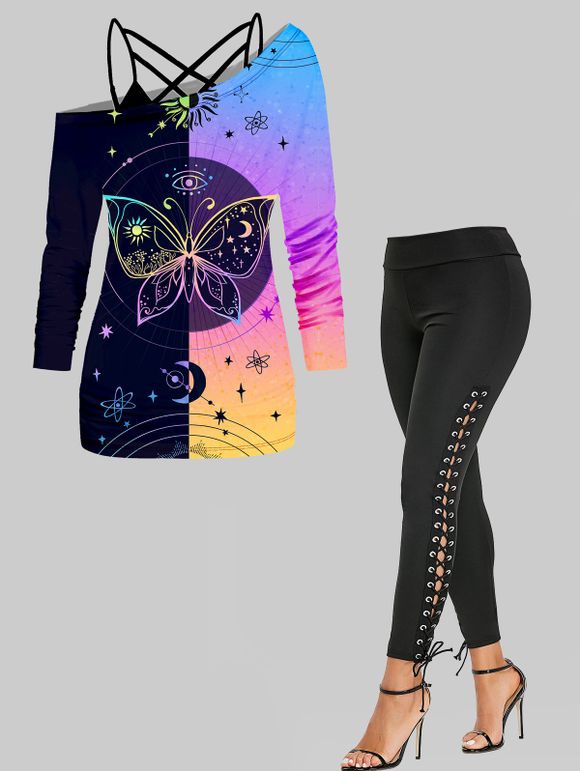 Ensemble Haut Décontracté à Bretelle Etoile Lune Papillon en Blocs de Couleurs en Treillis et Pantalon à Lacets - multicolor S