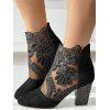 Flower Leaf Embroidery See Thru Mesh Chunky Heel Zip Up Boots - Noir EU 36