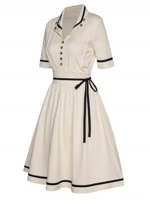 Pleated Contrast Piped Dress Mock Button Turn Down Collar Belted High Waisted A Line Mini Dress