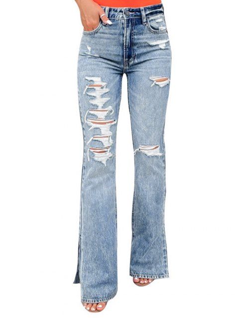 Distressed Ripped Flare Jeans Zip Fly Side Slit Long Destroy Wash Denim Pants