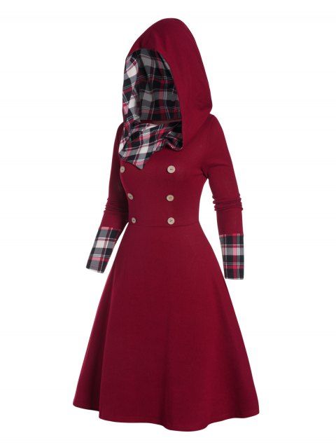 Mini Robe Ligne A à Capuche à Carreaux Imprimé à Manches Longues Faux Bouton à Taille Haute