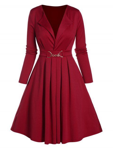 Plunge Lapel Collar Pleated A Line Mini Dress Long Sleeve D-ring Detail Solid Color High Waist Dress
