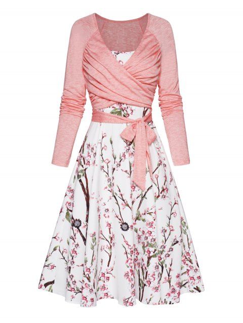 Ensemble de Robe Mi-Longue Ligne A Chinée à Imprimé Feuille et Fleur Deux Pièces et Top Court