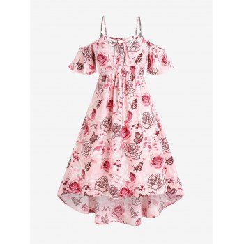 

Plus Size Flower Butterfly Lace Up Cold Shoulder Dress, Light pink