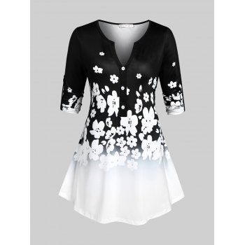 

Plus Size Flower Print Two Tone Buttons T Shirt, Multicolor