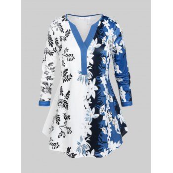 

Plus Size Floral Print Two Tone T-shirt, Blue