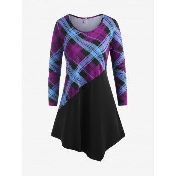 

Plus Size Plaid Asymmetrical Hem Long Sleeve Tee, Concord
