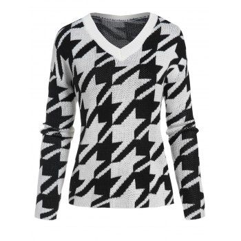 

Houndstooth V Neck Drop Shoulder Sweater, Black