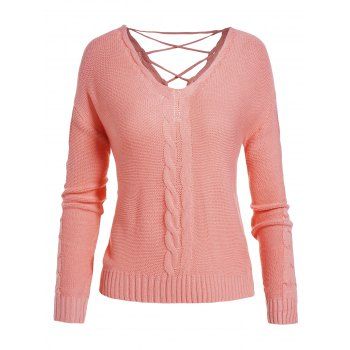 

Lace Up V Neck Cable Knit Sweater, Light pink