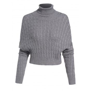 

Boxy Turtleneck Cable Knit Cropped Sweater, Dark gray