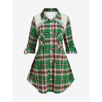 

Plus Size Plaid Lace Yoke Roll Up Sleeve Flap Pocket Shirt, Light green