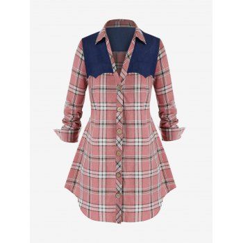 

Plus Size Plaid Denim Patch Long Sleeve Shirt, Pink