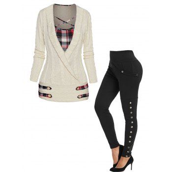 Twisted Cable Knit Crossover Plaid Print Crisscross Faux Twinset Sweater And Snap Button Side Leggings Casual Outfit