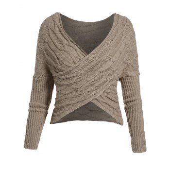 

Cable Knit Criss Cross Lantern Sleeve Sweater, Coffee