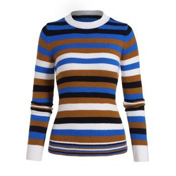 

Colorful Striped Crew Neck Pullover Sweater, Blue