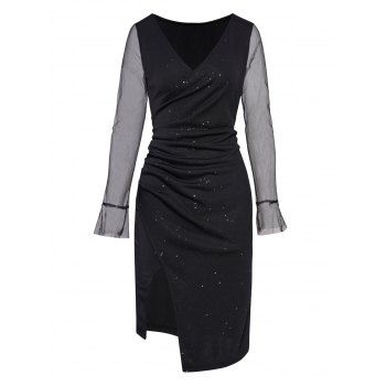 

Sparkly Party Bodycon Dress Mesh Long Sleeve Plunge Ruched High Slit Prom Dress, Black