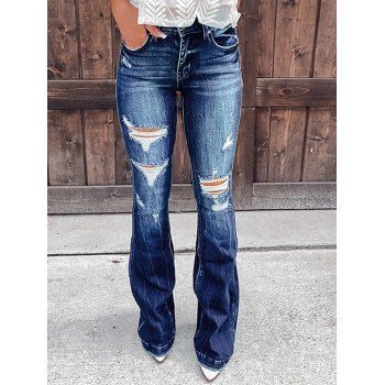 

Ripped Flare Jeans Zipper Fly Pockets Distressed Long Denim Pants, Blue