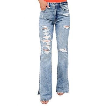 

Distressed Ripped Flare Jeans Zip Fly Side Slit Long Destroy Wash Denim Pants, Light blue