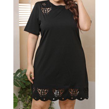 

Plus Size Hollow Out Butterfly Pattern Tee Dress Plain Color Short Sleeve Scalloped Hem Dress, Black