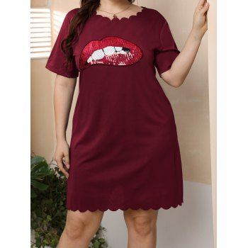 

Plus Size Sparkly Sequined Lip Pattern Mini Tee Dress Scalloped Hem Short Sleeve T-shirt Dress, Red