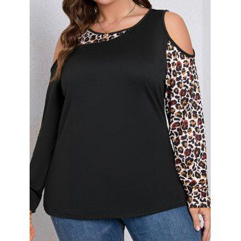 Plus Size T Shirt Leopard Print Panel Cold Shoulder T Shirt Long Sleeve Tee