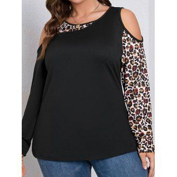 

Plus Size T Shirt Leopard Print Panel Cold Shoulder T Shirt Long Sleeve Tee, Multicolor a