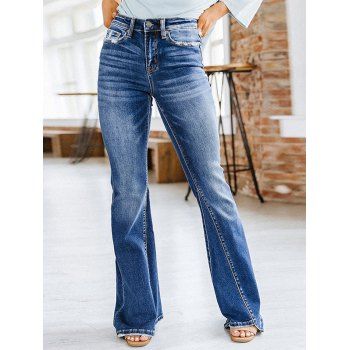 

Stitching Flare Jeans Pockets Zipper Fly Dark Wash High Waisted Long Denim Pants, Blue