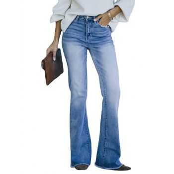 

Frayed Hem Flare Jeans Faded Wash Zip Fly High Waist Long Denim Pants, Light blue