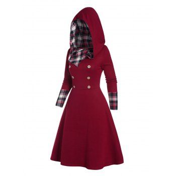 

Plaid Print Panel Hooded Dress Mock Button Long Sleeve High Waisted A Line Mini Dress, Deep red